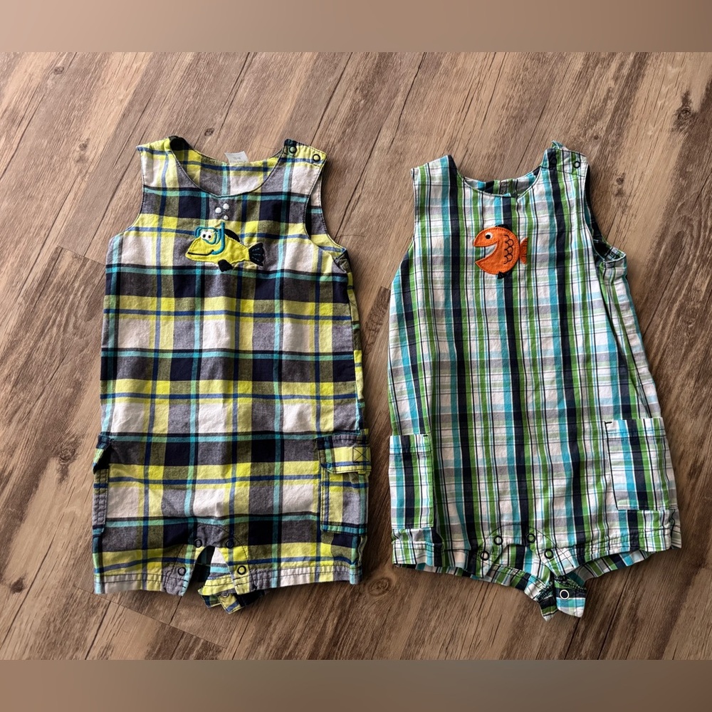Set of 2 Carters pocketed overalls 24m featuring plaid design and fish detail